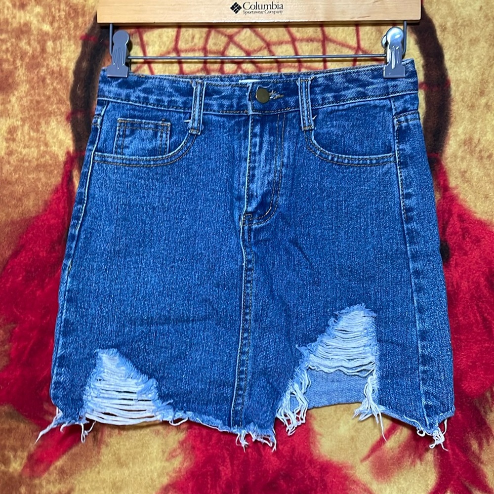 NAGUAGU-women’s dark wash distressed denim jean mini skirt
